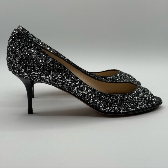 Jimmy Choo ISABEL COARSE GLITTER FABRIC SILVER-BLACK  Peep Toes Pumps SZ 36.5 - Picture 7 of 17